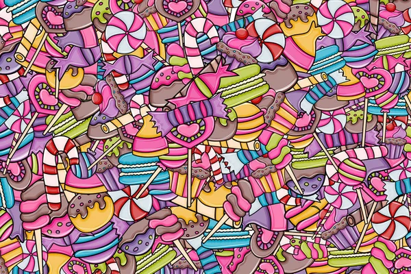 Cartoon doodle arka plan tasarım şeker ve tatlılar.