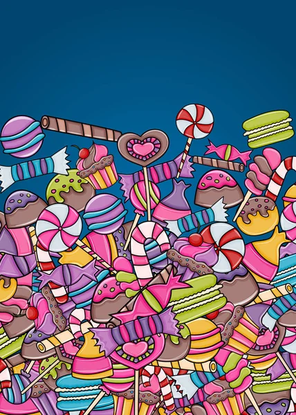 Bonbons et bonbons dessin animé doodle fond design . — Image vectorielle