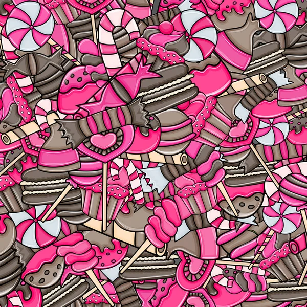 Süßigkeiten und Süßigkeiten Cartoon Doodle Hintergrunddesign. — Stockvektor