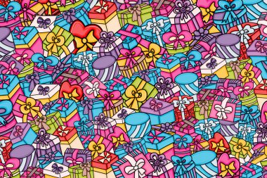 Cartoon doodle arka plan tasarım sunar ve hediye kutuları.