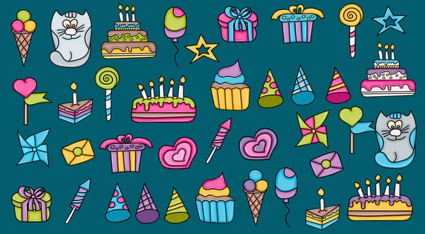 Cumpleaños dibujos animados doodle elementos conjunto . — Vector de stock