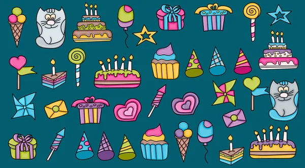 Birthday cartoon doodle elements set. — Stock Vector