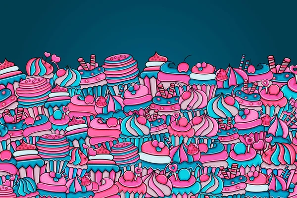 Cupcake cartone animato doodle disegno di sfondo — Vettoriale Stock