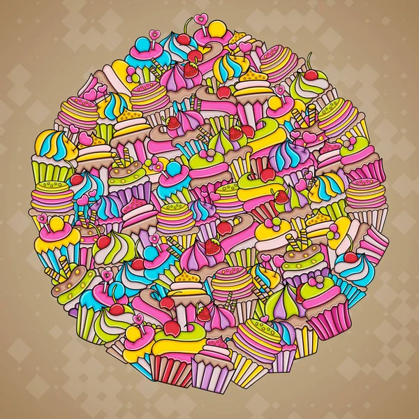 Cupcake Cartoon Doodle Hintergrund-Design — Stockvektor