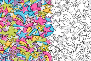 Yıldız doodle anahat tasarım karikatür. Sevimli siyah ve beyaz doğrusal