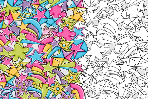 Yıldız doodle anahat tasarım karikatür. Sevimli siyah ve beyaz doğrusal