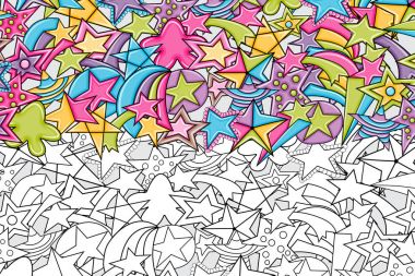 Yıldız doodle anahat tasarım karikatür. Sevimli siyah ve beyaz doğrusal