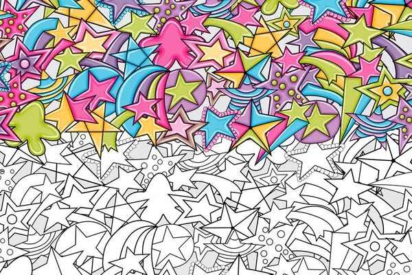 Yıldız doodle anahat tasarım karikatür. Sevimli siyah ve beyaz doğrusal