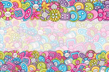 Dikiş düğmeleri el yapımı craft kavramı. 3D çizgi film doodle arka plan tasarım.