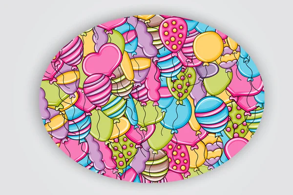 Μπαλόνια γενεθλίων και γιορτή έννοια στην 3d σχεδίαση φόντου doodle κινουμένων σχεδίων. — Διανυσματικό Αρχείο