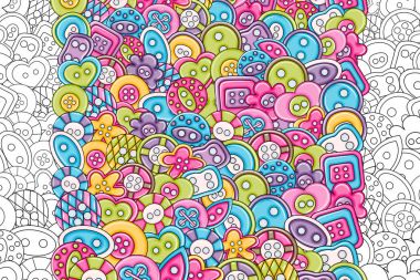 Dikiş düğmeleri el yapımı craft kavramı. 3D çizgi film arka plan tasarım doodle. Anahat boyama sayfası.