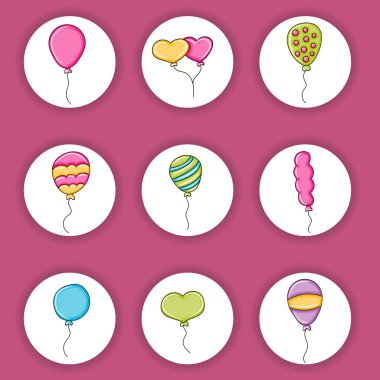 Balonlar doğum günü ve kutlama simgeler kavramı. Çizgi film etiket tasarım doodles.