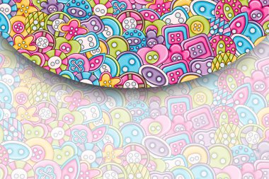 Dikiş düğmeleri el yapımı craft kavramı. 3D çizgi film doodle arka plan tasarım.