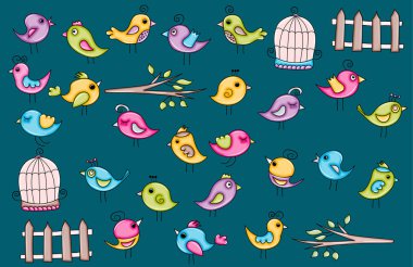 Simgeler yaz veya bahar kuşlar kavramı karikatür doodle etiket desi