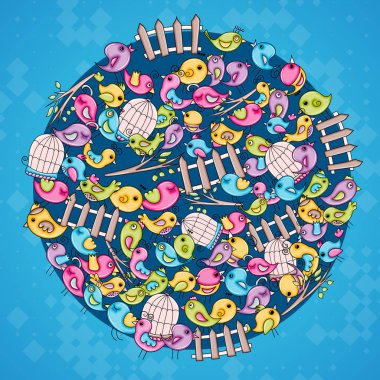 Yaz veya bahar kavramı kuş. 3D çizgi film doodle arka plan des