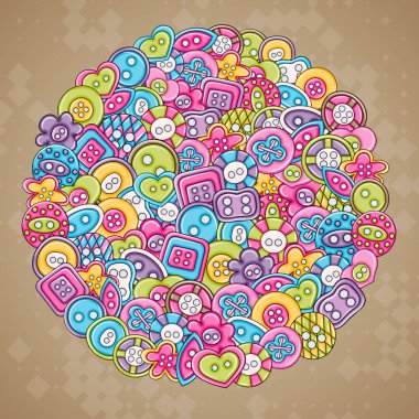 Dikiş düğmeleri el yapımı craft kavramı. 3D çizgi film doodle backgro