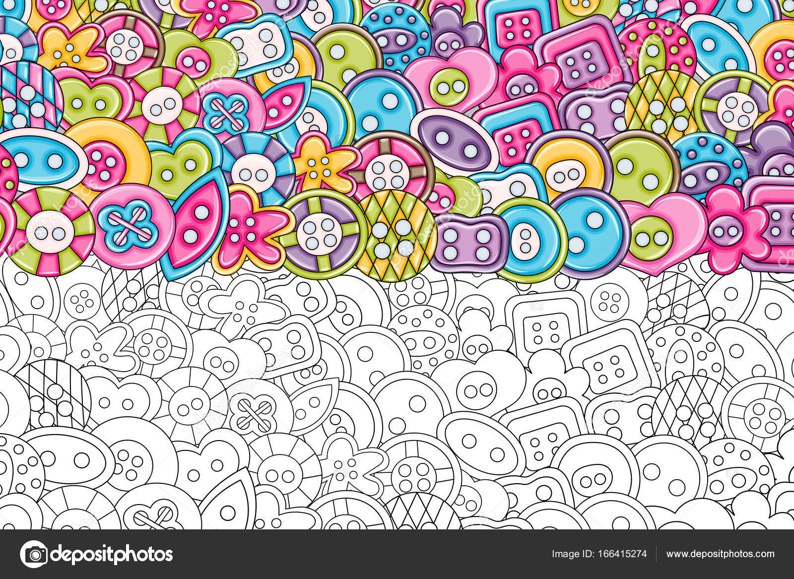 Concetto di mestiere handmade pulsanti fumetto doodles sfondo disegno di cucito Mano disegnato in bianco e nero profilo pagina da colorare — Vettoriali di