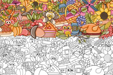 Şükran günü doodle arka plan. Siyah ve beyaz sayfa boyama.
