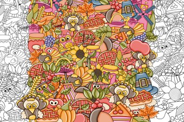 Şükran günü doodle arka plan. Siyah ve beyaz sayfa boyama.