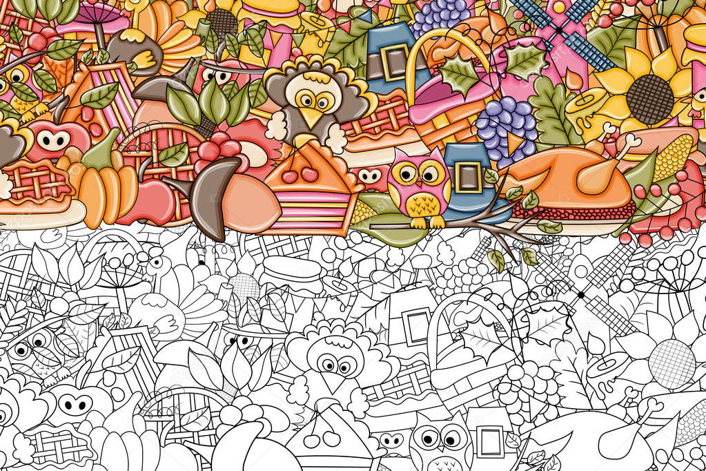 Thanksgiving doodle background. Black and white coloring page game.