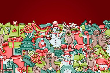 Noel arka plan metin için yer ile. Bir tebrik kartı, el ilanı veya broşür için. Elle çizilmiş karikatür tarzı doodle