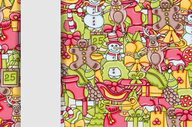 Noel arka plan metin için yer ile. Bir tebrik kartı, el ilanı veya broşür için. Elle çizilmiş karikatür tarzı doodle