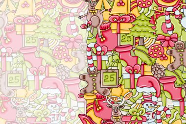 Noel arka plan metin için yer ile. Bir tebrik kartı, el ilanı veya broşür için. Elle çizilmiş karikatür tarzı doodle