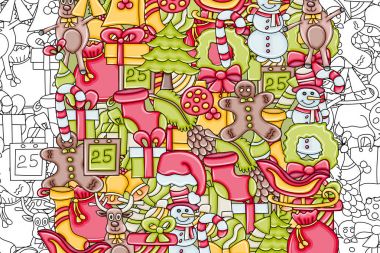 Noel arka plan. Siyah ve beyaz boyama sayfası sıraladı. Bir tebrik kartı, el ilanı ya da broşür için.