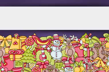 Noel arka plan metin için yer ile. Bir tebrik kartı, el ilanı veya broşür için. Elle çizilmiş karikatür tarzı doodle