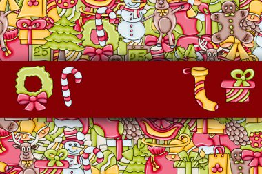 Noel arka plan metin için yer ile. Bir tebrik kartı, el ilanı veya broşür için. Elle çizilmiş karikatür tarzı doodle