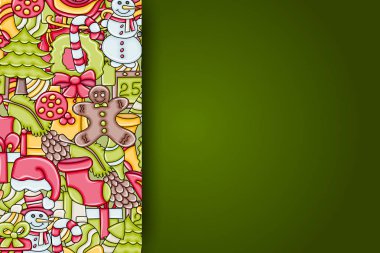 Noel arka plan metin için yer ile. Bir tebrik kartı, el ilanı veya broşür için. Elle çizilmiş karikatür tarzı doodle