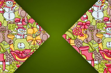 Noel arka plan metin için yer ile. Bir tebrik kartı, el ilanı veya broşür için. Elle çizilmiş karikatür tarzı doodle