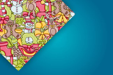 Noel arka plan metin için yer ile. Bir tebrik kartı, el ilanı veya broşür için. Elle çizilmiş karikatür tarzı doodle