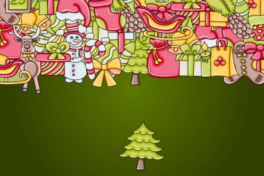 Noel arka plan metin için yer ile. Bir tebrik kartı, el ilanı veya broşür için. Elle çizilmiş karikatür tarzı doodle