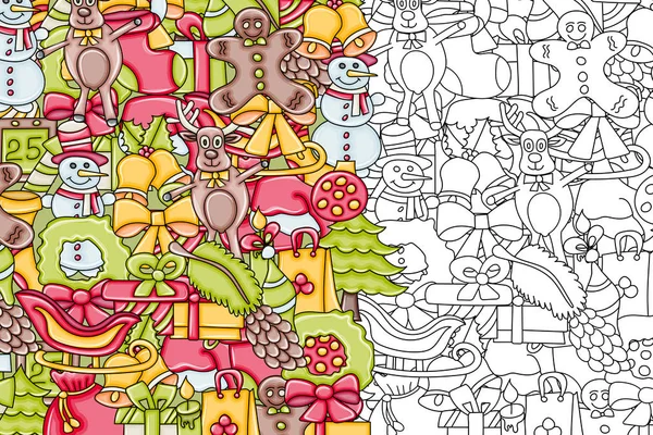 Noel arka plan. Siyah ve beyaz boyama sayfası sıraladı. Bir tebrik kartı, el ilanı ya da broşür için.