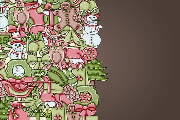 Fundo de Natal com espaço para texto. Para um cartão, panfleto ou folheto. Doodle estilo desenho animado desenhado à mão —  Vetores de Stock