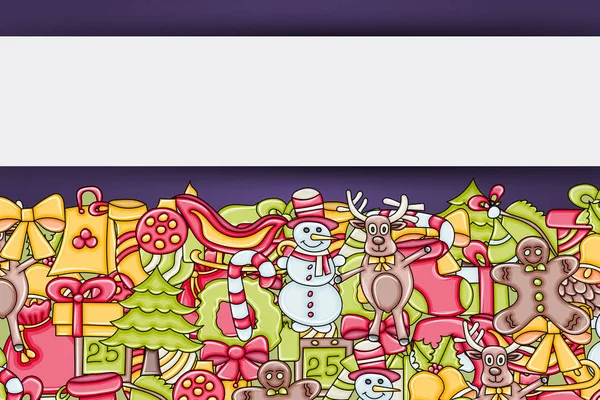Noel arka plan metin için yer ile. Bir tebrik kartı, el ilanı veya broşür için. Elle çizilmiş karikatür tarzı doodle