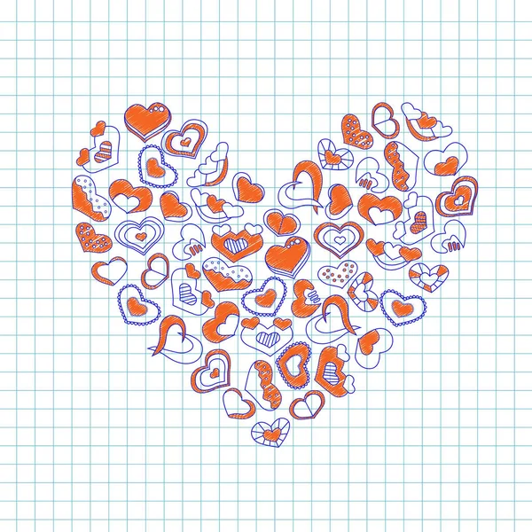 Corazones Tinta Dibujados Mano Cuaderno Papel Ilustración Vectorial San Valentín — Vector de stock