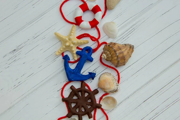 Marine Decor Starfish Lifebuoy Steering Wheel Anchor Sea Shells White — Stock Photo, Image