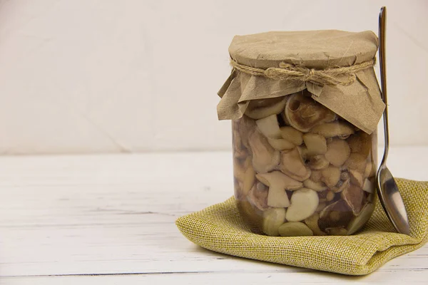 Canned Fermented Mushrooms Jar Garlic Bay Leaf Black Pepper Spoon — Stock Photo, Image