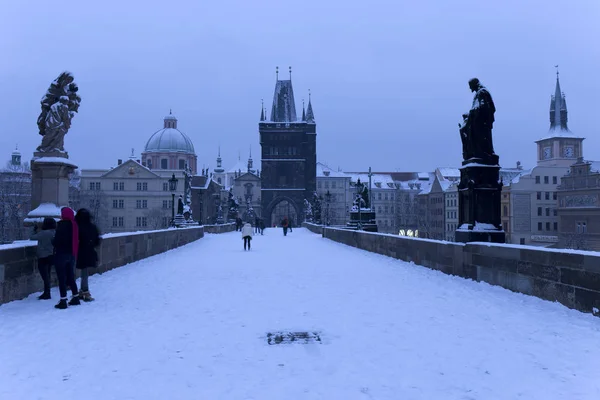 Snowy foggy Prague City with Charles Bridge, Czech republic — Stock Photo, Image