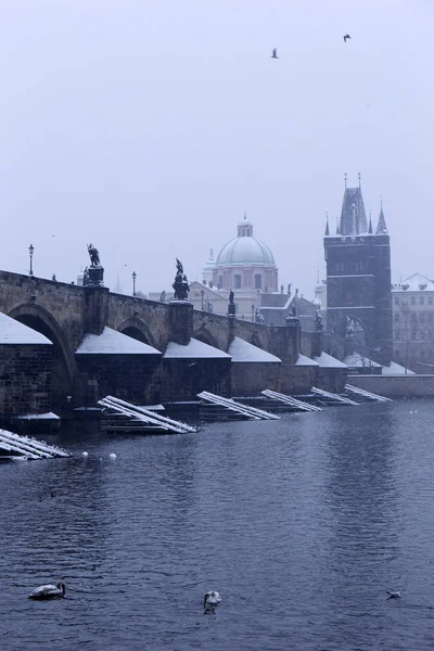 Snowy foggy Prague City with Charles Bridge, Czech republic — Stock Photo, Image