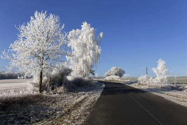 Сказочная заснеженная зимняя деревня с голубым небом в Центральной Чехии — стоковое фото