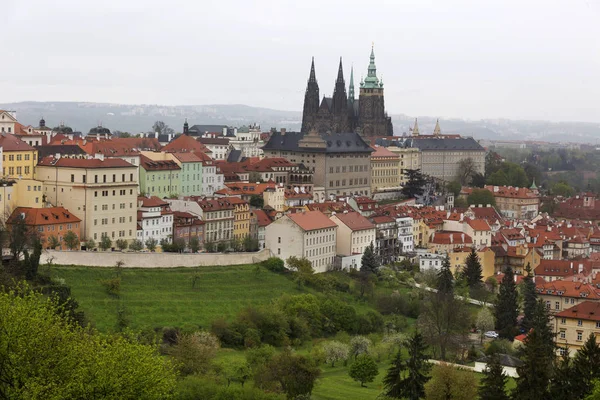 Вид на весенний город с зеленой природой и цветущими деревьями, Чехия — стоковое фото