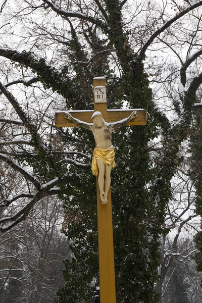 La Statua nevosa del vecchio cimitero invernale di Praga, Repubblica Ceca — Foto Stock