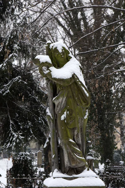 Zasněžené Statuel od v zimě tajemství staré Pražský hřbitov, Česká republika — Stock fotografie