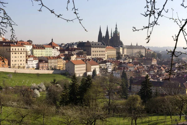 Spring Praag City met gotische burcht en de groene natuur en bloeiende bomen, Tsjechië — Stockfoto
