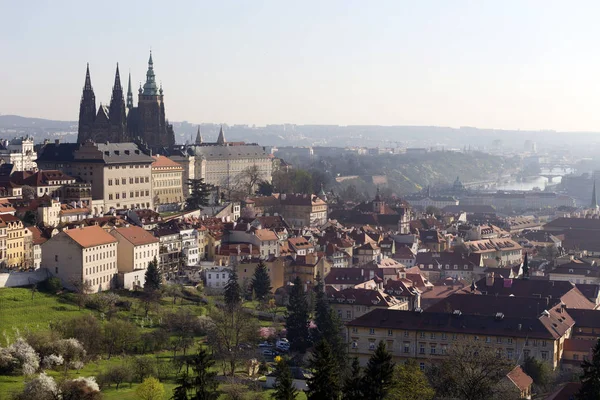 Våren Prague City med gotiska slottet och den gröna naturen och blommande träd, Tjeckien — Stockfoto