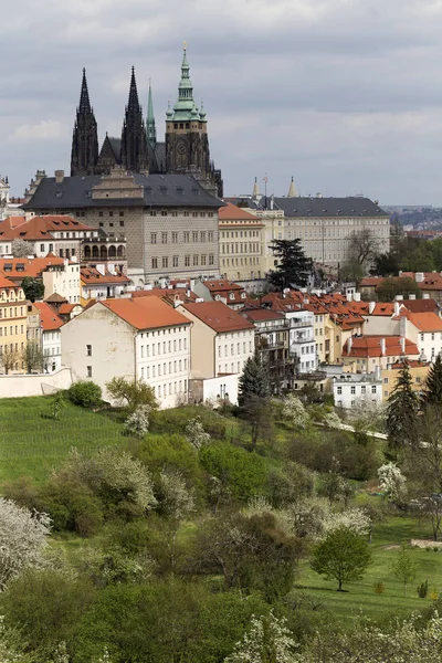 Spring Prague City com Castelo Gótico e o verde Natureza e Floração Árvores, República Checa — Fotografia de Stock