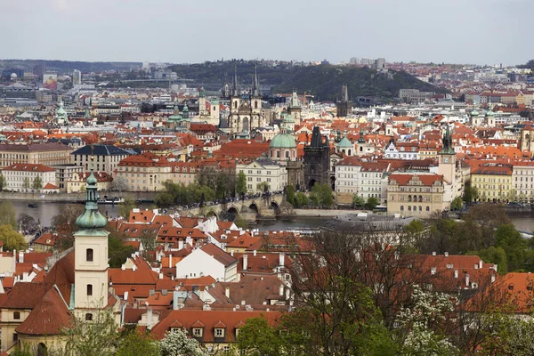 Vista de la ciudad de Praga de primavera con la naturaleza verde y los árboles con flores, República Checa —  Fotos de Stock